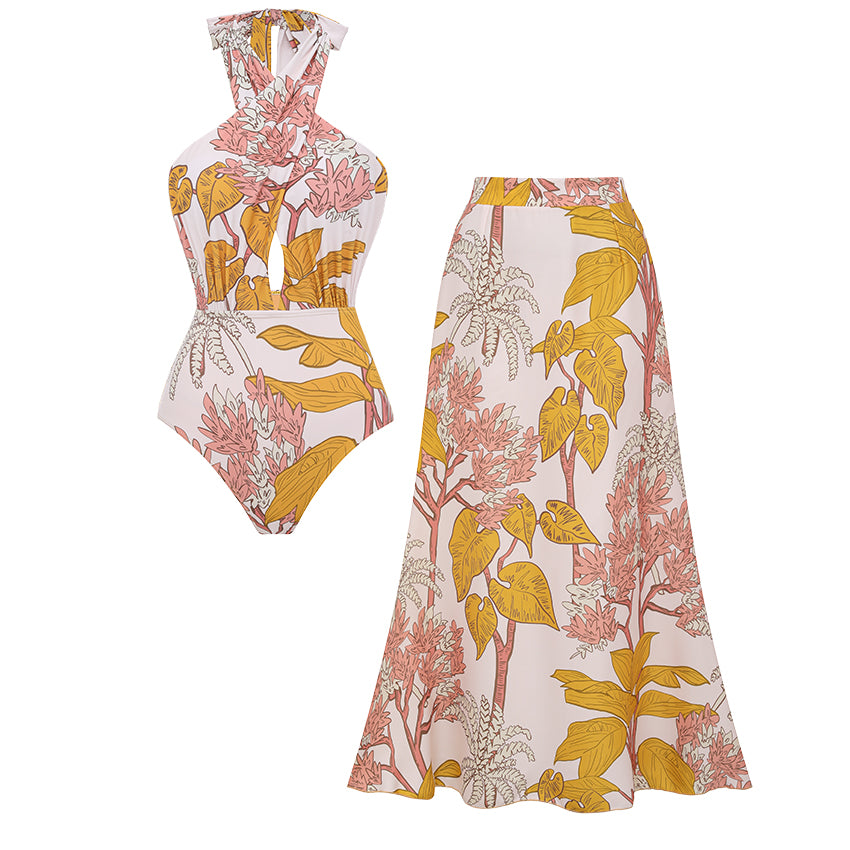 Halter Plant Leaves Print Swimsuit Set(s)