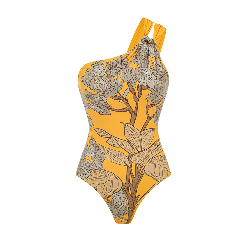Plus Size One Shoulder Yellow Printed Swimsuit Set(s)