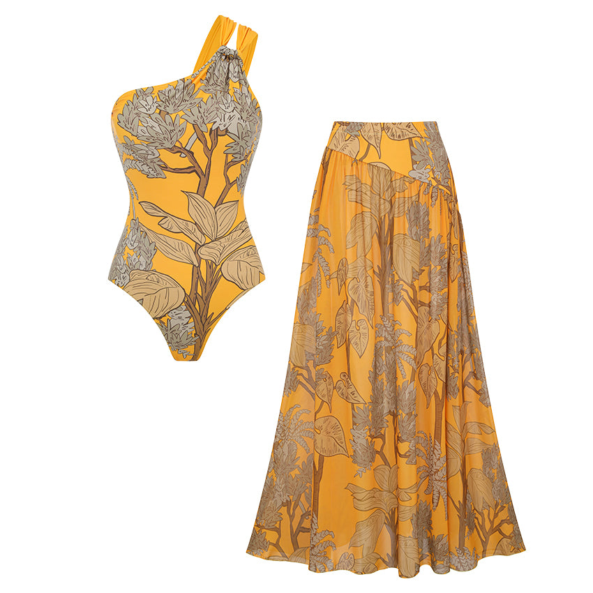 Plus Size One Shoulder Yellow Printed Swimsuit Set(s)