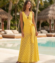 Yellow Color Laser Cutting Flower Hollow One Piece Swimsuit and Skirt