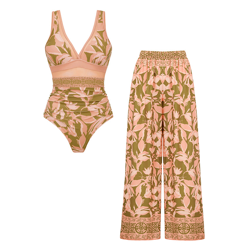 V Neck Mesh Splicing Print Swimsuit Set(s)