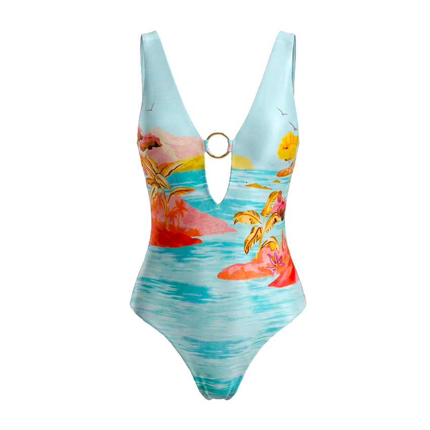 Deep V-neck Landscape Print Swimsuit set(s)