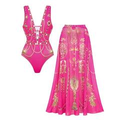 Hollow Metallic Pattern Printing One Piece Swimsuit and Skirt