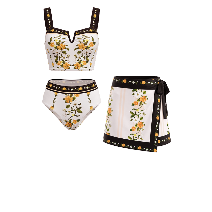 Black Beige And Orange Floral Print Two-Piece Swimsuit Set(s)