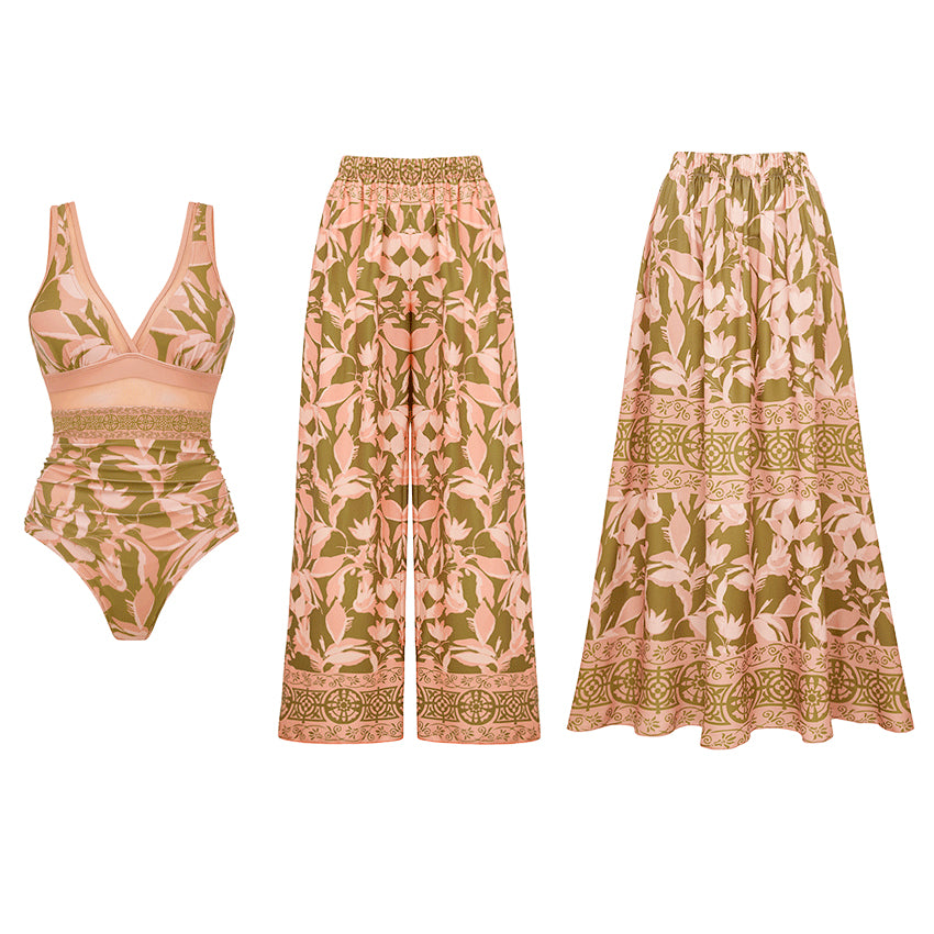 V Neck Mesh Splicing Print Swimsuit Set(s)
