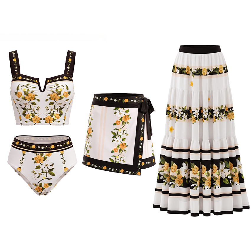 Black Beige And Orange Floral Print Two-Piece Swimsuit Set(s)