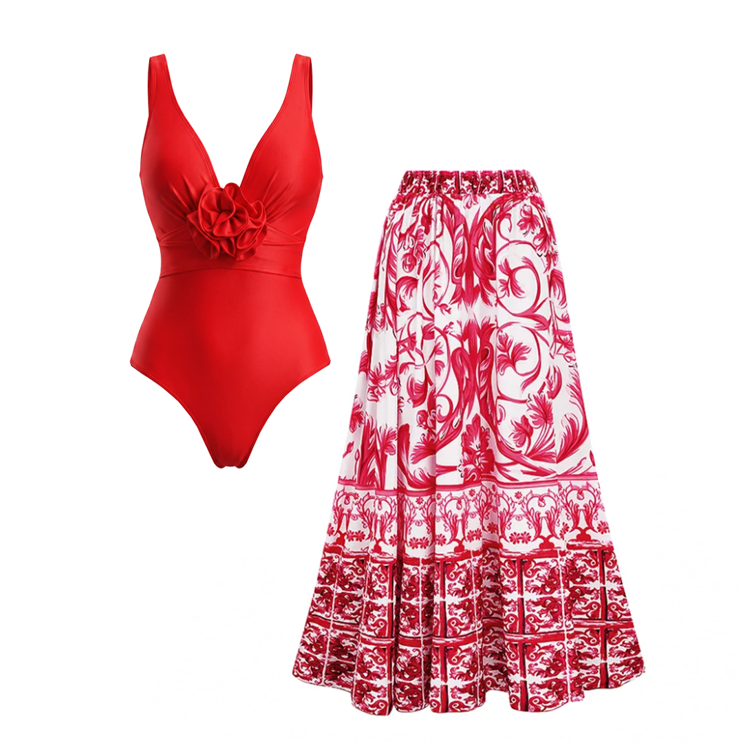 Plus Size Detachable 3D Flower Red One Piece Swimsuit and Skirt Flaxmaker