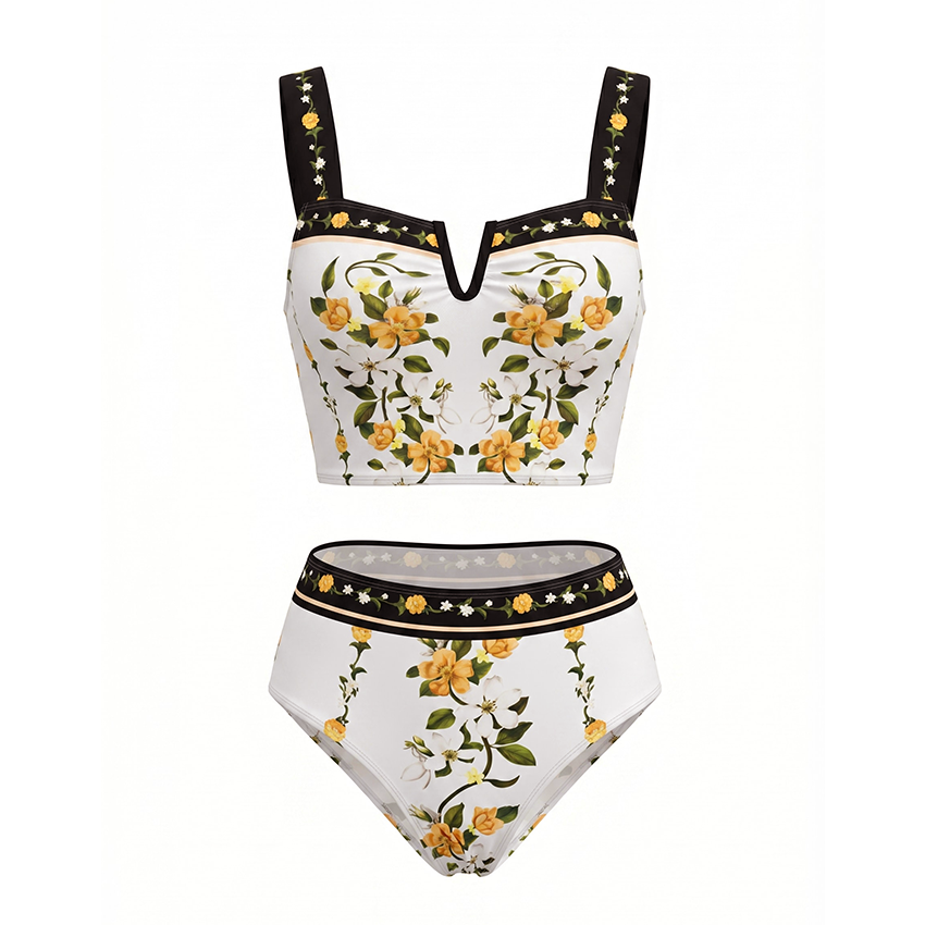Black Beige And Orange Floral Print Two-Piece Swimsuit Set(s)