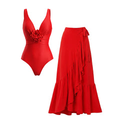 Plus Size Detachable 3D Flower Red One Piece Swimsuit and Skirt Flaxmaker
