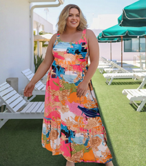 Plus Size Round Neck Shell Print One Piece Swimsuit and Sarong or Skirt