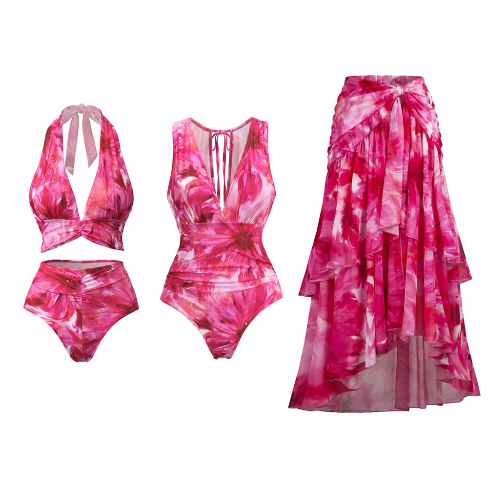 Floral Printed One Piece Swimsuit and Skirt