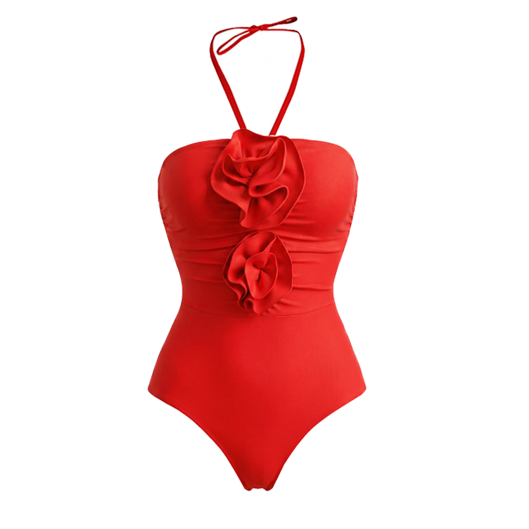 Plus Size Halter 3D Flower One Piece Swimsuit and Skirt Flaxmaker