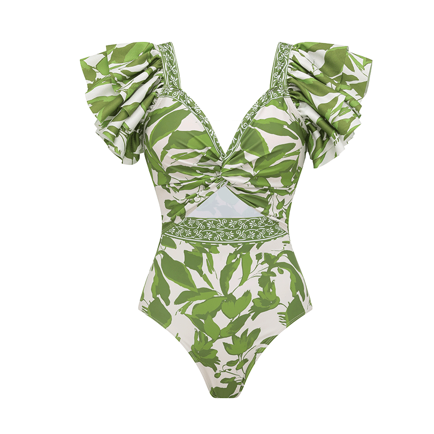 Plus Size Ruffle V Neck Green Print Cut Out Swimsuit Set(s)