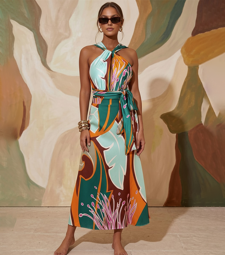 Plus Size Halter Printed One Piece Swimsuit and Skirt Flaxmaker