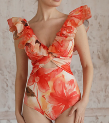 Ruffle Shoulder Flower Print One Piece Swimsuit and Skirt