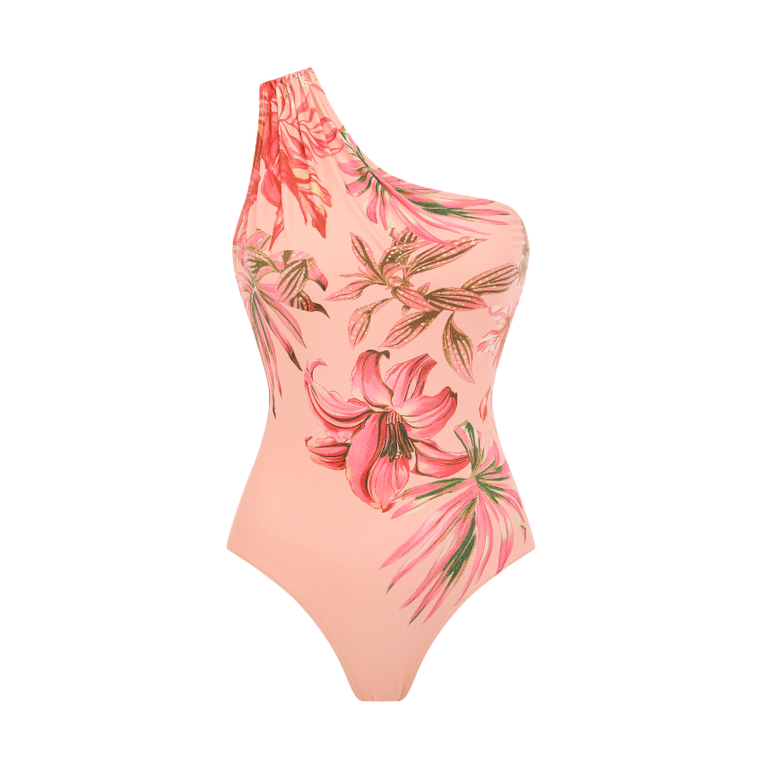 One Shoulder Pink Lily Print Swimsuit Set(s)