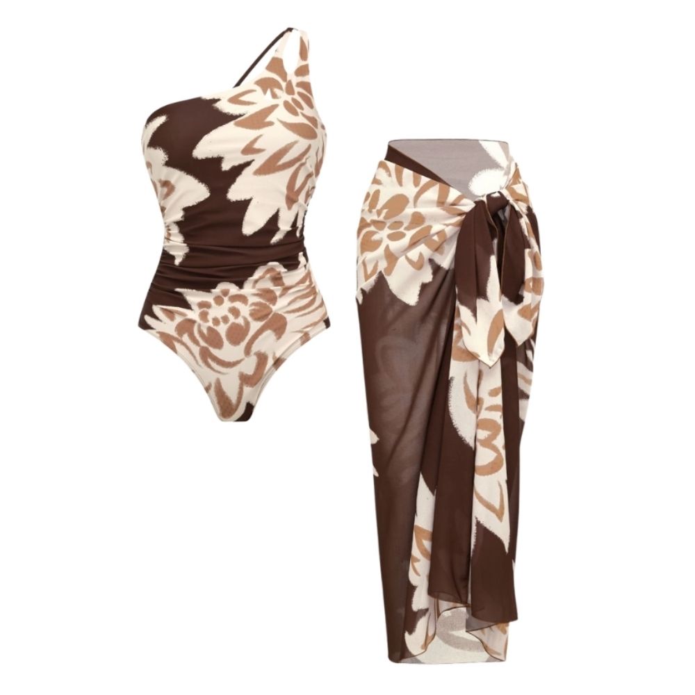 Plus Size One Shoulder Printed One Piece Swimsuit and Sarong