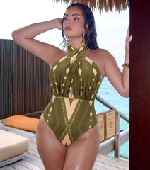 Plus Size Halter Neck Geometric Pattern Print One Piece Swimsuit and Pants