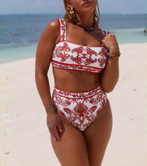 Plus Size Red Flower Totem Pattern Print Bikini and Skirt