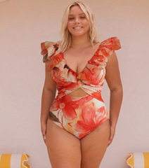 Plus Size Ruffle Shoulder Flower Print One Piece Swimsuit and Skirt