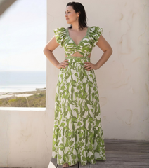 Plus Size Ruffle V Neck Green Print Cut Out Swimsuit Set(s)