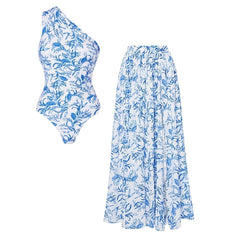 Plus Size Oblique Shoulder Printed One Piece Swimsuit and Skirt