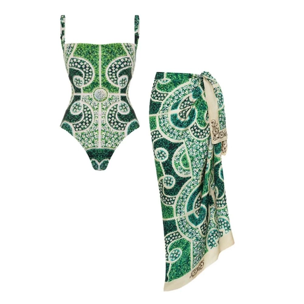 Plus Size Garden Printed One Piece Swimsuit and Sarong