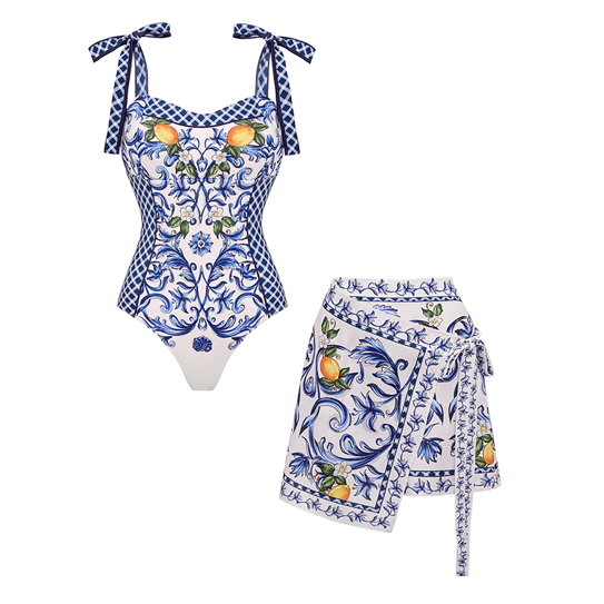 Plus Size Bowknot Shoulder Lemon Printed Swimsuit Set(s)
