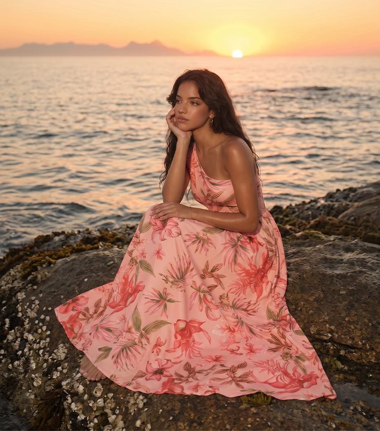One Shoulder Pink Lily Print Swimsuit Set(s)