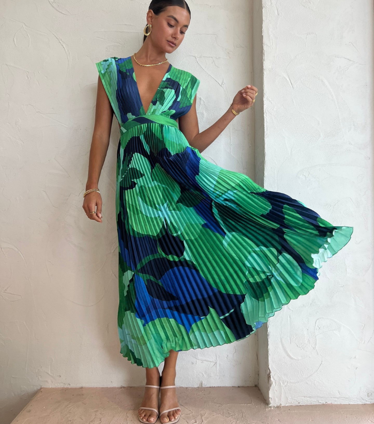 Pleated V Neck Color Block Printed Dress