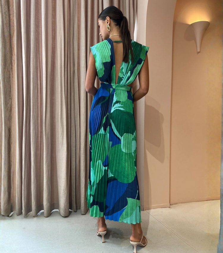 Pleated V Neck Color Block Printed Dress