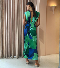 Pleated V Neck Color Block Printed Dress