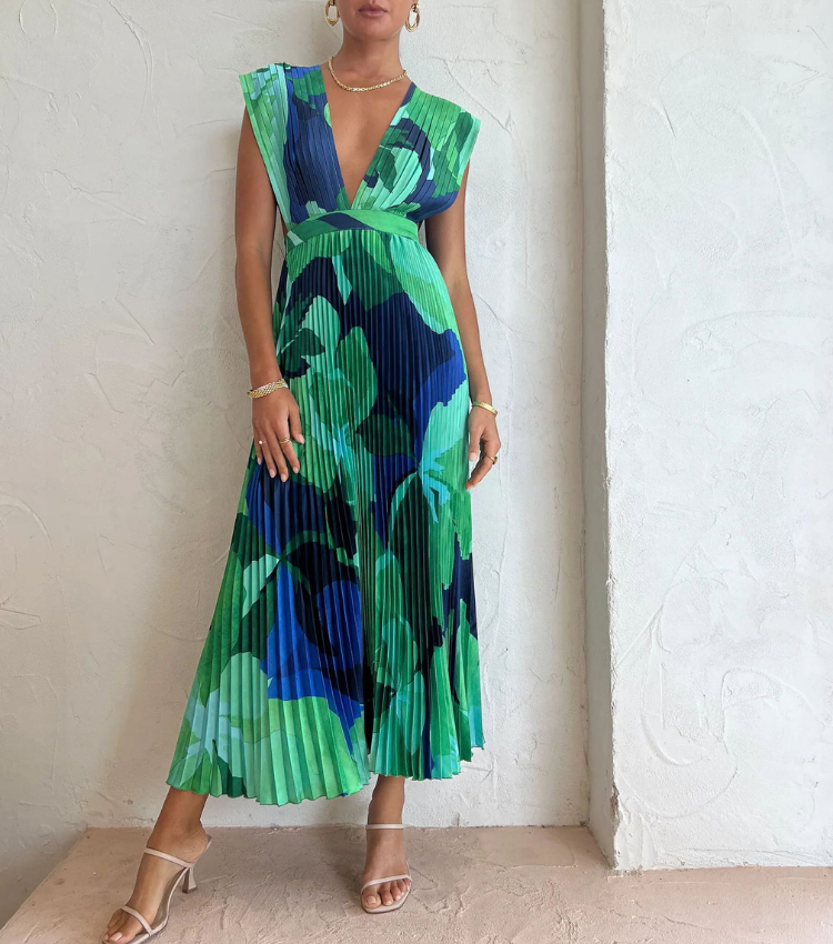 Pleated V Neck Color Block Printed Dress