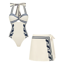 Plus Size Navy Style Printed Bow Tie Decor One Piece Swimsuit and Skirt