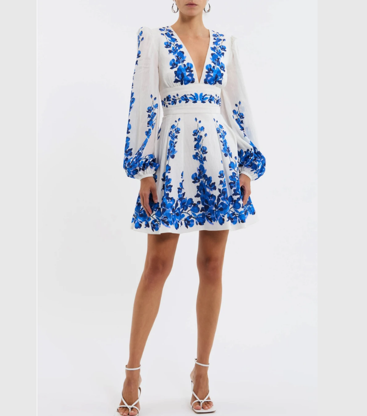Plus Size Printed Long-sleeved One Piece Swimsuit and Skirt