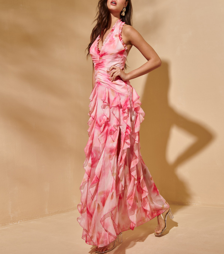 Pink Flower-dyed Halter Neck One Piece Swimsuit and Skirt