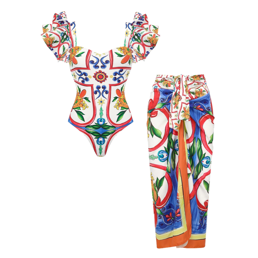 Plus Size Ruffle Sleeves  Paisley-print  One Piece Swimsuit and Sarong or Paints Flaxmaker