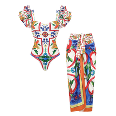 Plus Size Ruffle Sleeves  Paisley-print  One Piece Swimsuit and Sarong or Paints Flaxmaker