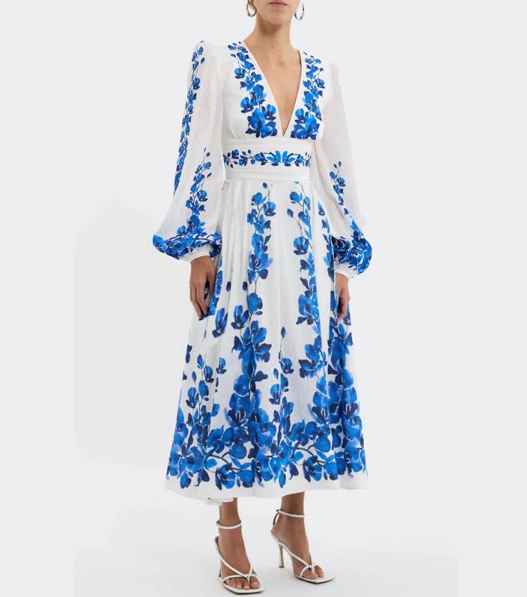Plus Size Printed Long-sleeved One Piece Swimsuit and Skirt
