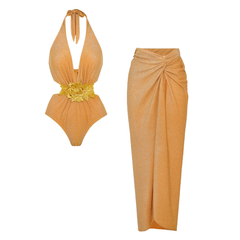Plus Size Gold Embroidered Halterneck Cutout Swimsuit and Sarong