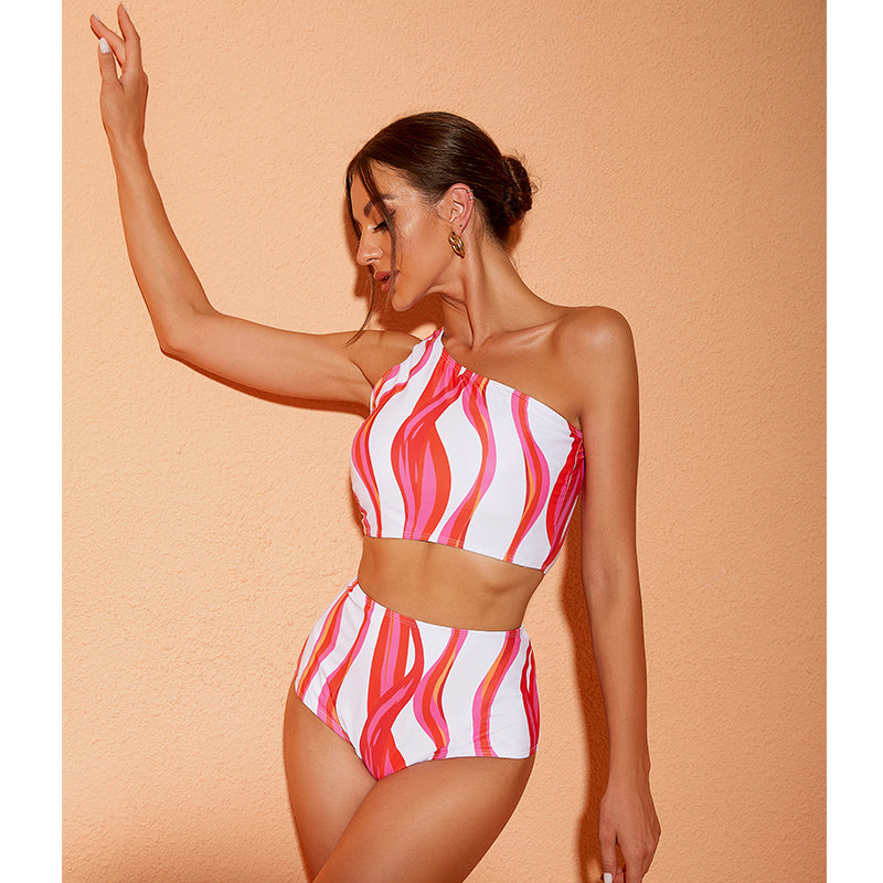 One Shoulder Printed Bikini Swimsuit and Pants Flaxmaker