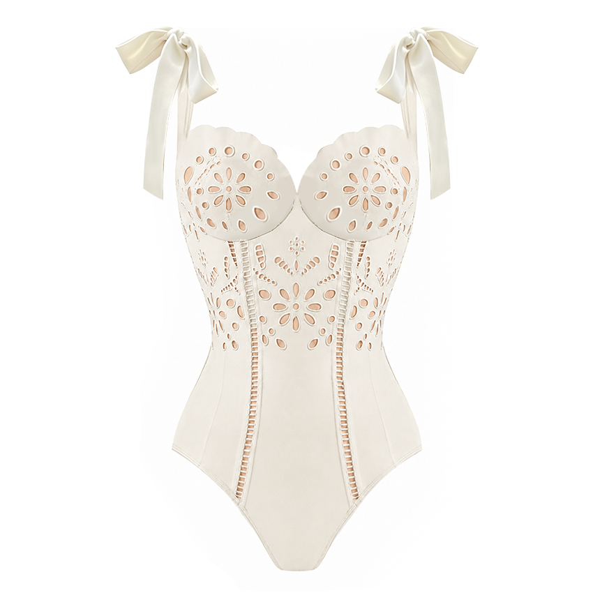 Plus Size White Color Laser Cutting Flower Swimsuit Set(s)