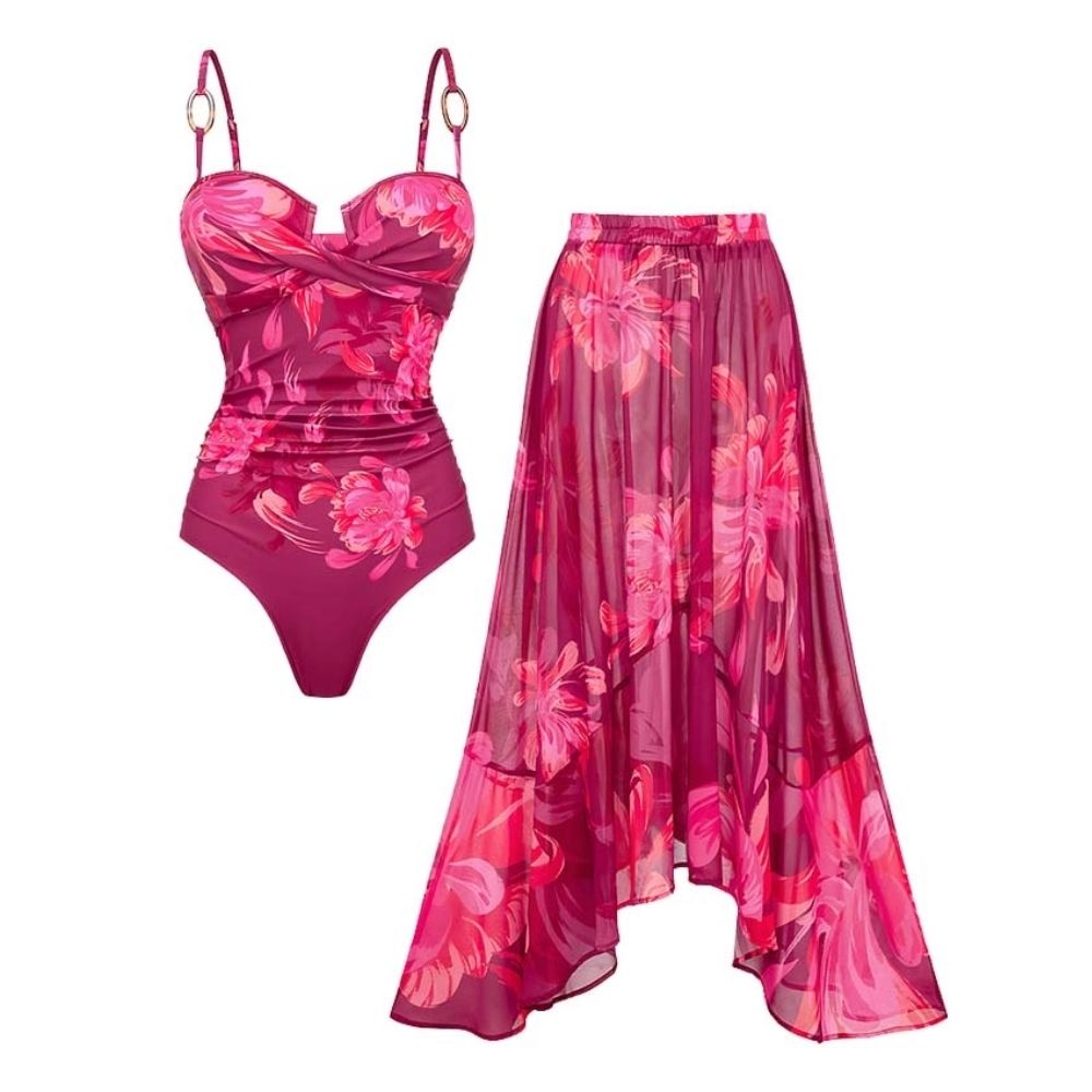 Plus Size Sling Abstract Floral Print One Piece Swimsuit and Skirt