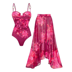 Plus Size Sling Abstract Floral Print One Piece Swimsuit and Skirt