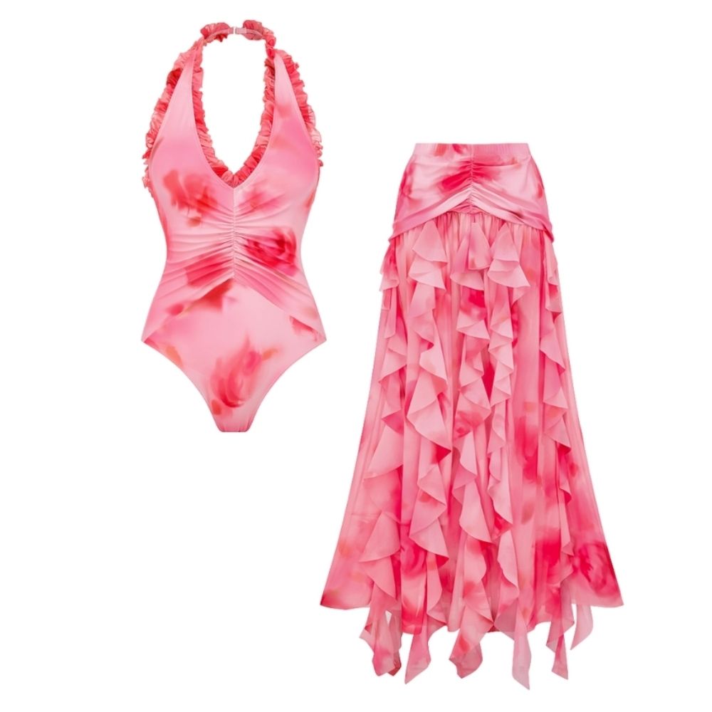Plus Size Pink Flower-dyed Halter Neck One Piece Swimsuit and Skirt