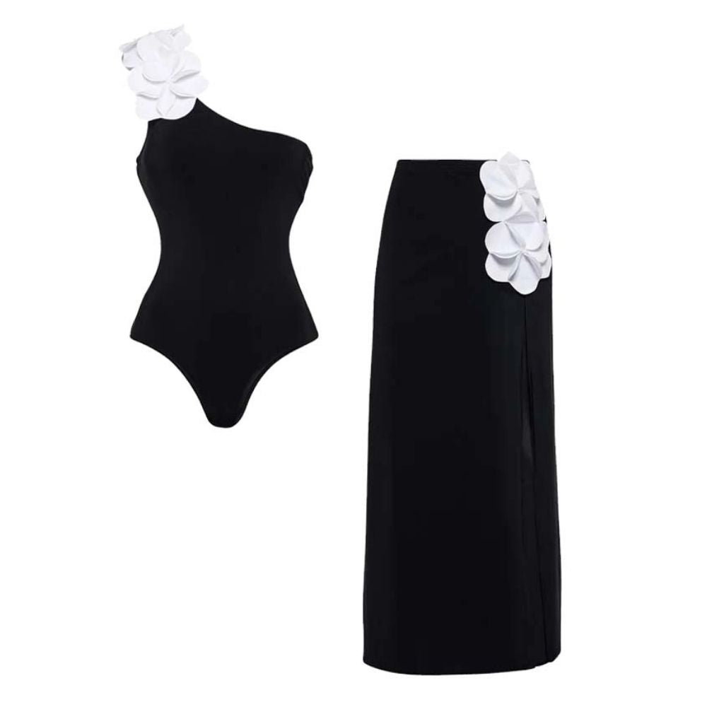 Oblique Shoulder 3D Flower Color Block One Piece Swimsuit And Skirt