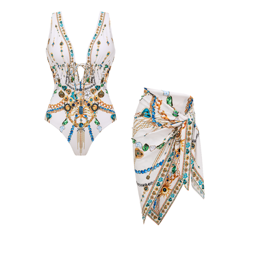 Drawstring Celestial Chains Print Swimsuit Set(s)