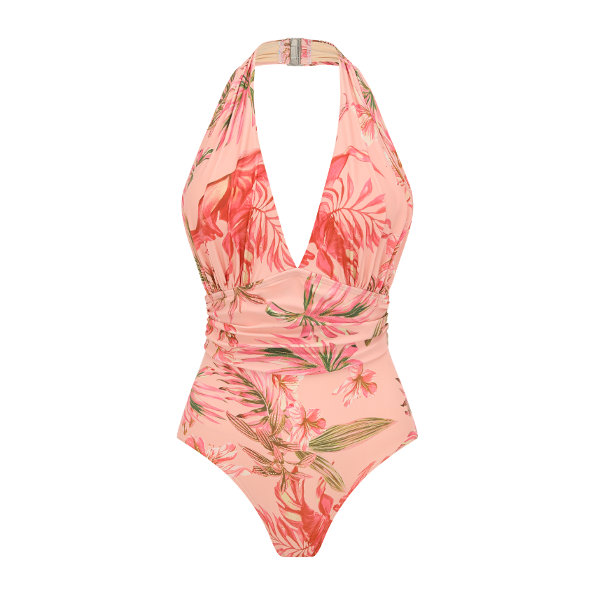 V-neck Pink Lily Print Swimsuit Set(s)