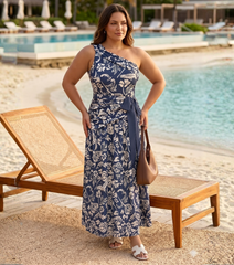 Plus Size One Shoulder Ruched Blue Printed Swimsuit Set(s)