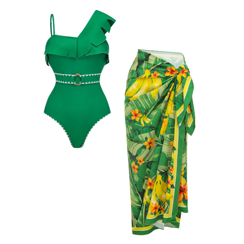 Plus Size 3D leaf-patterned Print Swimsuit Set(s)